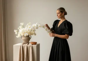 Woman arranging white flowers in a vase.