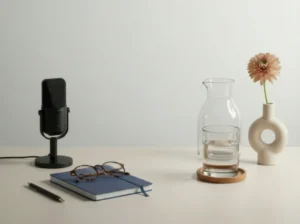 Microphone beside a notebook and glasses on a desk.