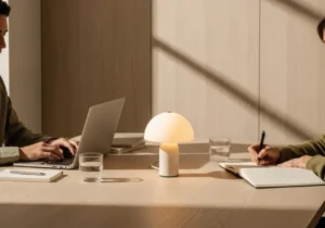 Two people working at a table, one using a laptop and the other taking notes.