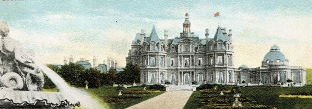 Historical illustration of a grand estate with formal gardens and a fountain