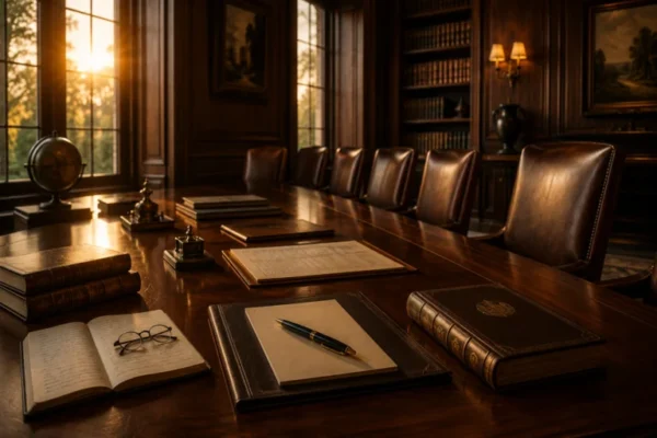 Wood-paneled boardroom with books and documents on a long conference table, symbolizing family business continuity.