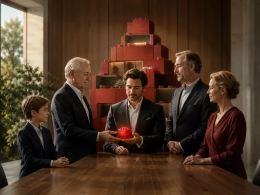 Illustration of multiple generations passing a red building block, representing family ownership and stewardship.