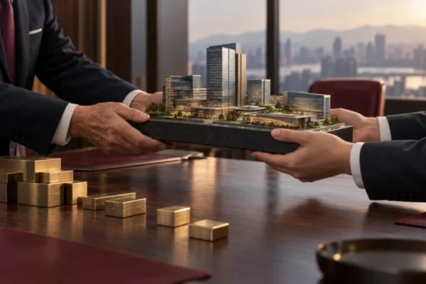 Hands passing a model of a business complex, illustrating ownership transfer between generations.