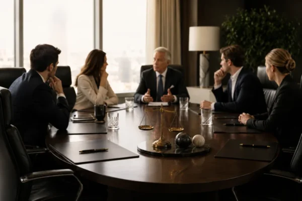 Five professionals meeting around a boardroom table with balance scales at its center.