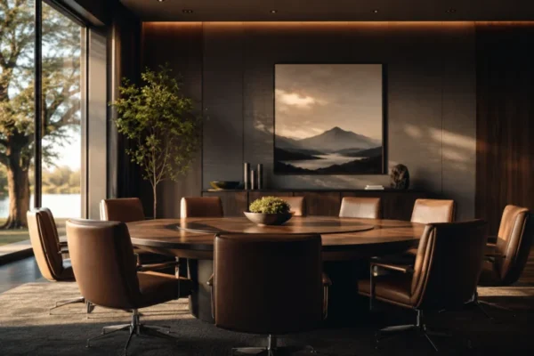 Empty conference room with leather chairs around a circular wooden table.