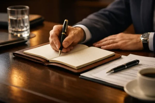 Close-up of a professional writing in a notebook beside documents on a wooden desk.