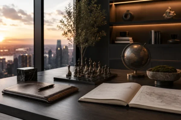 Chessboard, globe, and open notebook on an office desk overlooking a city skyline at sunset.