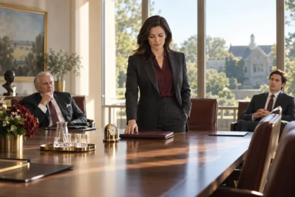 Woman standing at a boardroom table while two colleagues observe, illustrating a leadership transition.