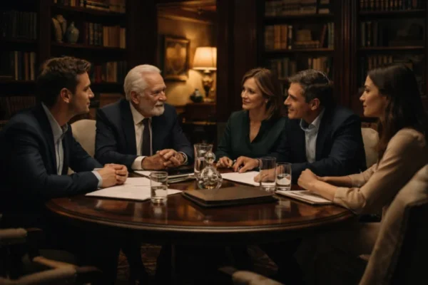 Five adults of different generations discussing documents around a table in a library.