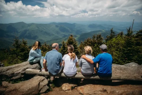 Five people seated at a scenic overlook facing forested mountains