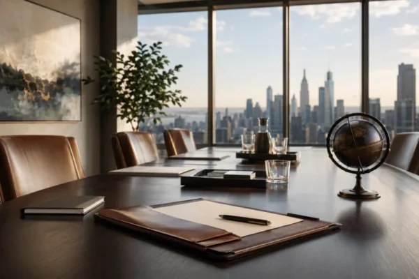 Boardroom table with documents and a globe, illustrating a family office risk review.