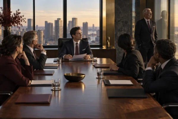 Leadership team looking toward an older executive standing beside the boardroom table.