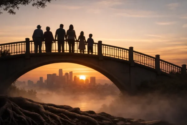 Illustration of multiple generations standing together on a bridge at sunset.