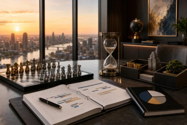 Financial planning documents beside an hourglass, chessboard, and asset models, illustrating liquidity planning.