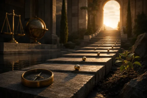 Stone steps leading toward a sunlit archway, with a compass, globe, and balance scales.