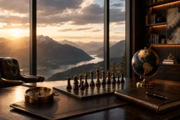 Chessboard, compass, globe, and notebook on a desk overlooking mountains and a lake.