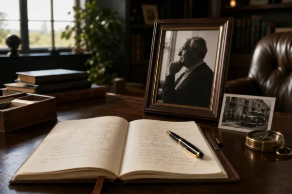 Open notebook beside a framed portrait and historical photograph, illustrating the preservation of a founder’s story.