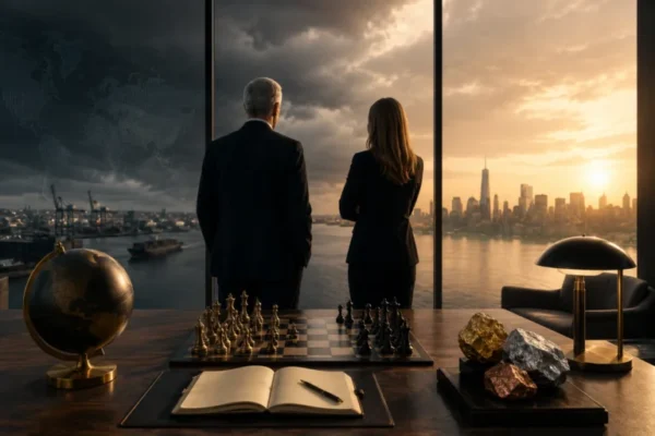 Two professionals overlooking a city skyline, with a chessboard, globe, and mineral samples in the foreground.