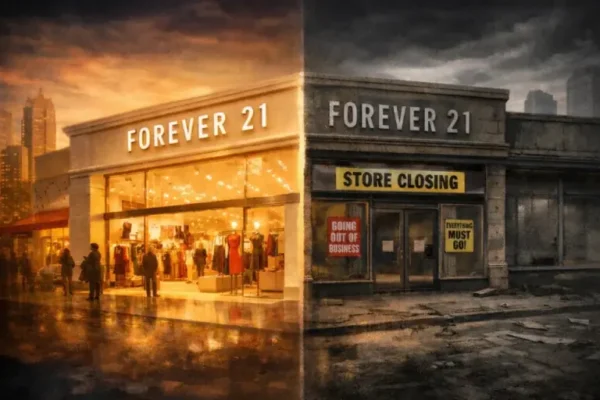 Split illustration of a thriving Forever 21 storefront and a shuttered location displaying store-closing signs.