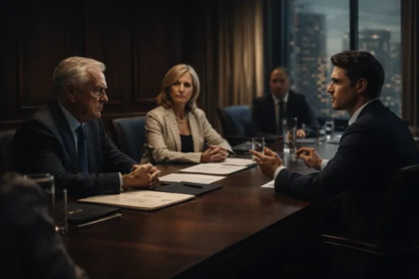 Business leaders discussing documents around a boardroom table.