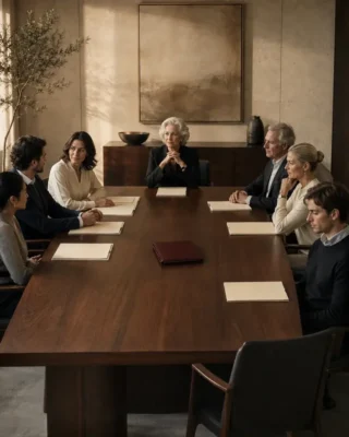 Family members in a serious discussion around a boardroom table.