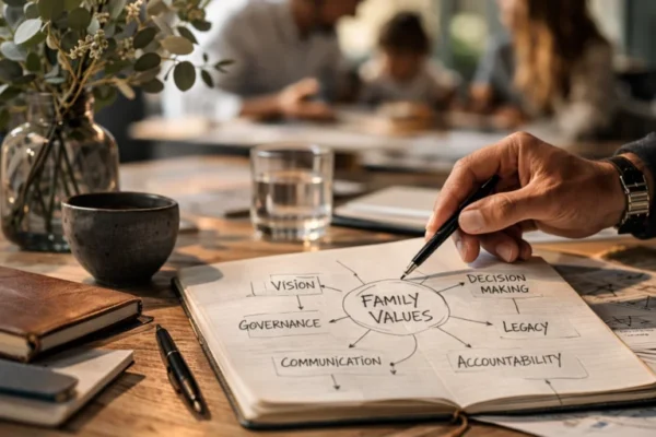 Notebook diagram connecting family values with vision, governance, communication, accountability, decision-making, and legacy.