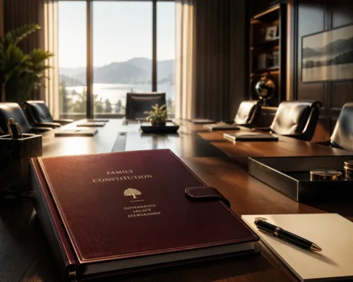 Family constitution binder on a boardroom table, illustrating governance, legacy, and stewardship.