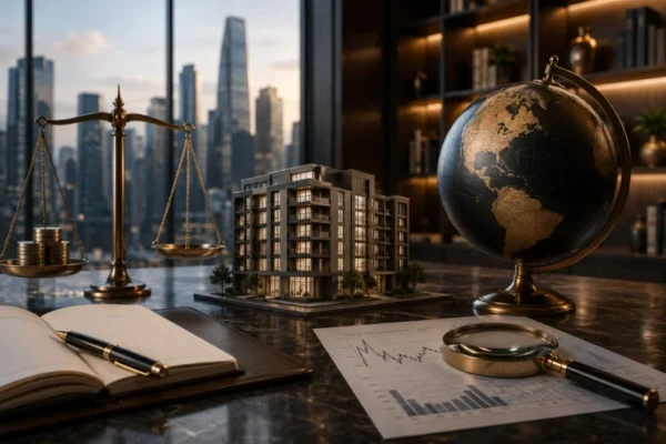 globe with scales and with apartment building