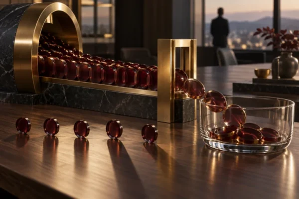 Burgundy glass spheres passing through a narrow gold gate, illustrating restricted investment liquidity.