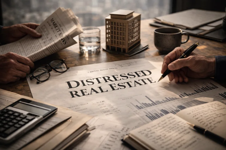 Financial reports labeled “Distressed Real Estate” beside a building model and calculator.