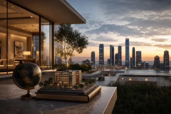 Property model resting on books beside a globe, with a city skyline in the background.