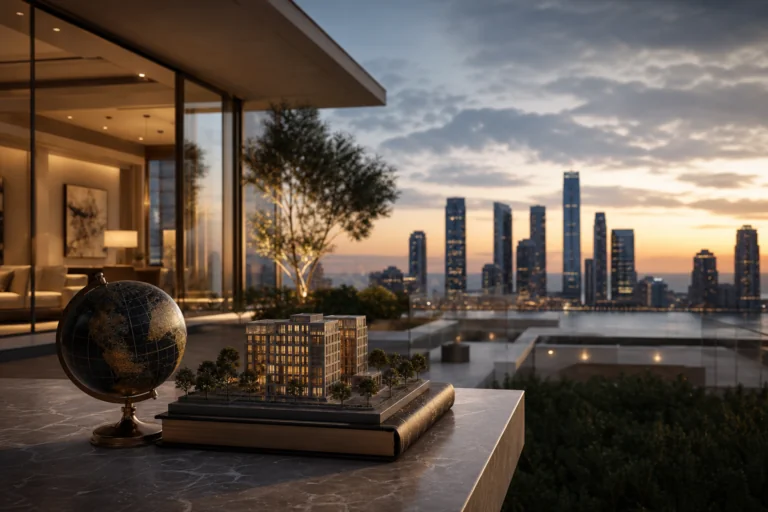 Property model resting on books beside a globe, with a city skyline in the background.