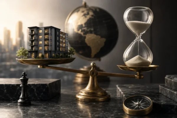 Apartment building model balanced against an hourglass, illustrating refinancing timing risk.