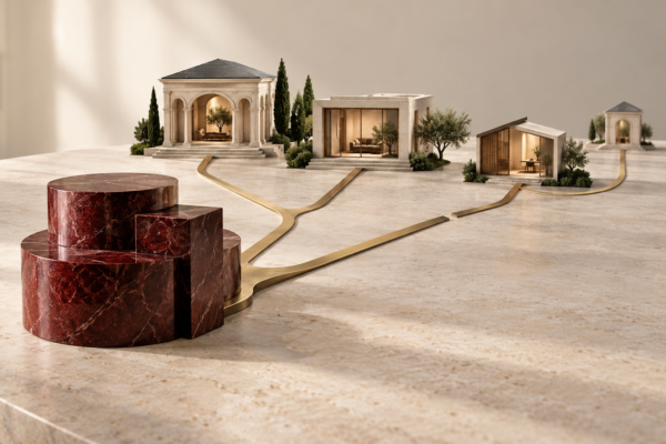 Burgundy stone capital base linked by brass pathways to four architectural models, with one broken connection symbolizing a gap between family mission and investment allocation.