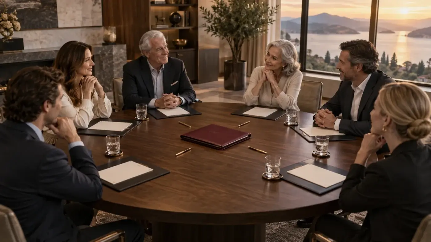 Illustration of family members gathered around a table for a discussion.